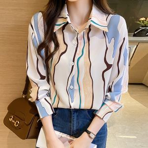 TianShun 2023 New Korean Fashion Irregular Stripe Long Sleeve Shirt Womens Work Neck Shirt Fashion Korean Long Style Shirt