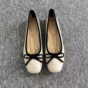 Ladies breathable flat ballet shoes soft leather bowknot boat shoes