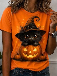 [Local Stock] ZEEMIN Halloween Women Witch Cat T-Shirt Cute Black Cat Pumpkin Graphic Tops Tee Summer Short Sleeve Crewneck Party Women Clothing
