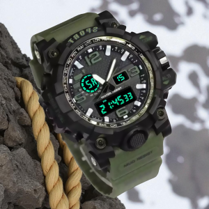 Jam Tangan Sport Pria G&S Anti Air Dual Time dengan Fitur Kompas dan Altimeter Tampilan Hijau Neon