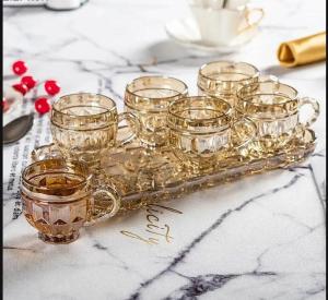 2 Pcs Vintage Amber Glass Cups Embossed Footed Coffee & Tea Cups with Handles Elegant Drinkware Gift Set with Box