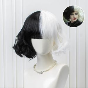 BAIXL Đảng TỰ LÀM Vô Hình Ngắn Lượn sóng Movie Một Nửa Màu Đen Nửa Sữa Trắng Danganronpa Sống động Phong Cách Tóc Phụ Kiện Cruella De Vil Tóc Giả Nhiệt Độ cao Sợi Công Cụ Cosplay