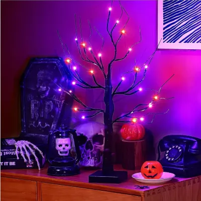 1pc Orange/Purple Glowing Halloween Birch Tree Light With 24L Black Branch Table Lamp Battery&USB For Indoor Holiday Decoration ☀1021x