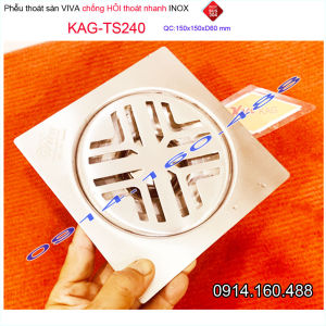 Thoát sàn Viva KAG-TS240 inox 304 Kích thước 15x15cm D60 Phễu thoát nước nhà tắm chống hôi SUS304 siêu bền MẪU MỚI sọc V