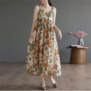 Korean Floral Maxi Dress Bohemia Vacation Plus Size  Sleeveless Summer Outfit Cami  Dress 2347