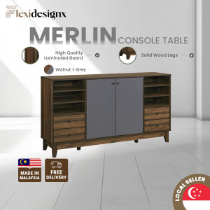 Flexidesignx Side Board Cabinet 2 Door 2 Drawer Soft Close Walnut Grey Solid Leg – MERLIN