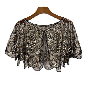 HULEQQI Ruffle Sequins Poncho Coat Mesh Blingbling Flapper Shawl Shiny Short Cape Sequins Shawls Ladies