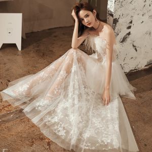 White Feather Evening Dress Tube Top Sleeveless Lace Slim A-line Dresses Temperament Banquet Birthday Host Party Gown㏇X0407