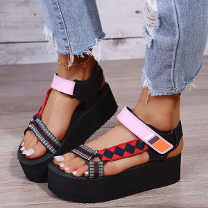 [Free Shipping] Summer New Thick-Soled Platform Sandals With Velcro And Color-Blocking For Women Beach Shoes Plus-Size WomenS Shoes Popular On