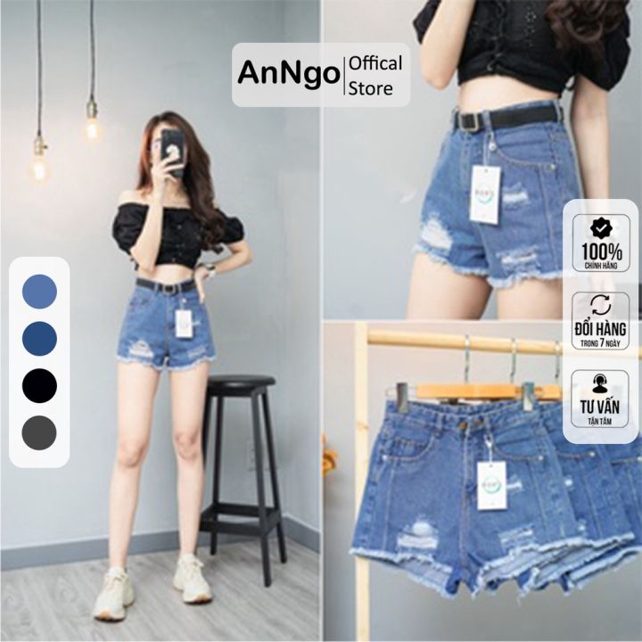 [FREESHIP_50K] Quần short jean nữ lưng cao phối rách denim cotton, rin ngắn phối rách AnNgo - AT73