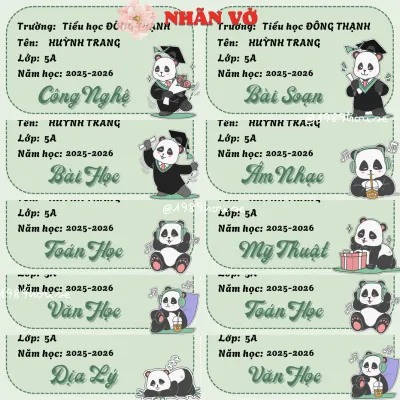 SET40 Tem nhãn vở 7x4.2cm PANDA PASTEL CẤP 1 CẤP 2 CẤP 3 (in tên trường lớp theo yêu cầu)