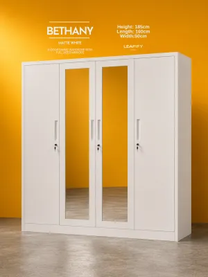 BETHANY | Grand 4-Door Full Steel Wardrobe with Full Sized Mirrors Shelves and Hanging Rod