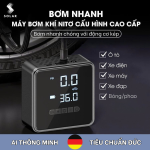 Bơm lốp ô tô xe máy SOLAR màn hình LED kết hợp đèn sạc dự phòng động cơ nhập Đức siêu nạp