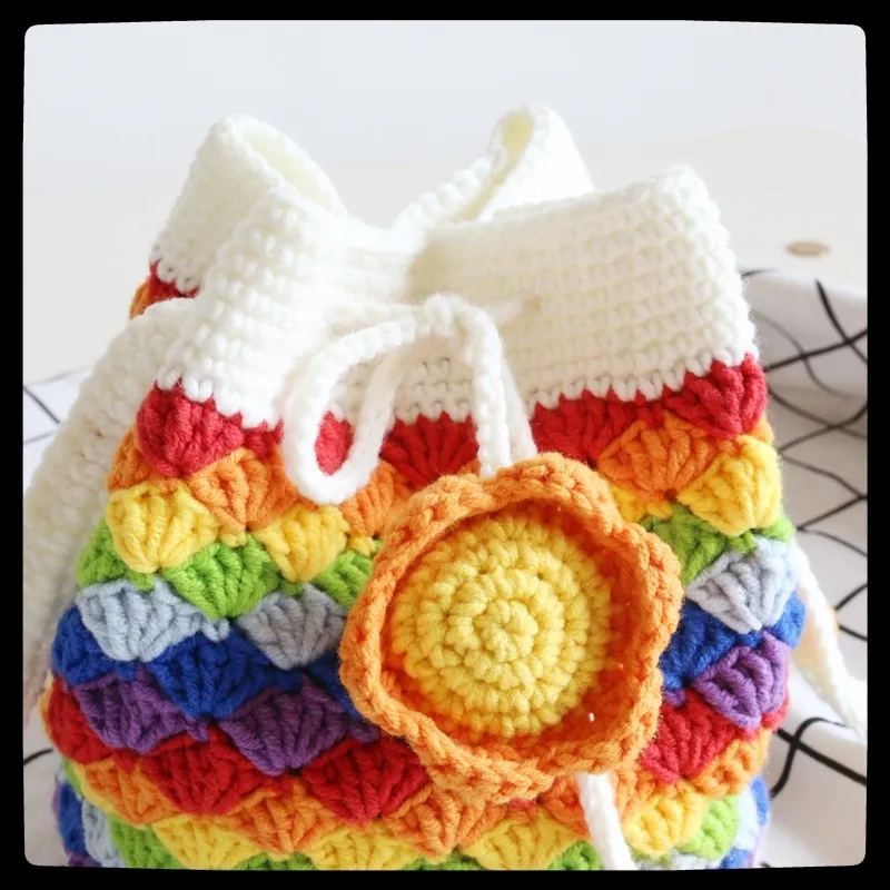 Handmade buy Crochet Drawstring Bag Hobo Rainbow