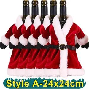 ZEEMIN 1/6PCS Red Velvet Dress Clothes Wine Bottle Covers Christmas Wine Bottle Bags Xmas New Year Party Dinner Table Decoration Gifts