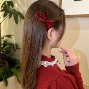 TIMIA สไตล์เกาหลีแบบ กิ๊บติดผมโบว์กำมะหยี่ สีดำสีดำ ที่หนีบผมด้านบน คลิปปากเป็ดประดับพลอยเทียม แฟชั่นสำหรับผู้หญิง ชุดคลุมศีรษะ คลิปหน้าม้าด้านข้าง สำหรับผู้หญิง