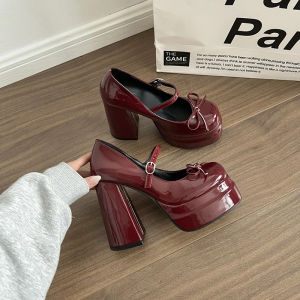Platform Square High Heel Womens Mary Jane Shoes Fashion Butterfly-knot Shoes Spring Autumn Wedding Party Shoes