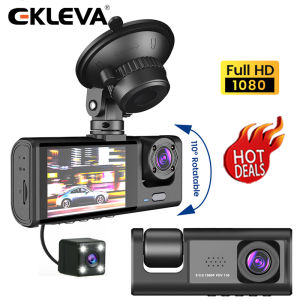 EKLEVA 3 Channel Dash Cam 1080P Full HD Car DVR Dashboard Camera Driving Recorder with 2.35 Inch IPS Touch Screen 360° 170 Degree Wide Angle IR LED WDR G-Sensor Motion Detection Loop Recording