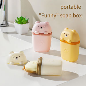 1pcs Travel Soap Case Bear Drain Soap Box Sealed Silicone Soap Dish with Watertight Lid Portable Reusable Holder