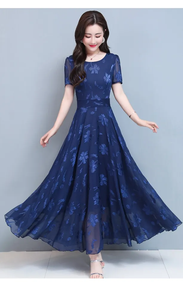 Vintage Blue Clothes For Women 2023 Maxi Dress Chiffon Floral Party Elegant  Boho Summer Korean Fashion Long Chic Evening Dresses