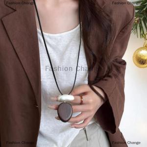 [COD] Fashion Change Vintage Black Wooden Oval Pendant Necklace For Women Minimalist Matte Metal Block Adjustable Leather Rope Sweater Chain Jewelry
