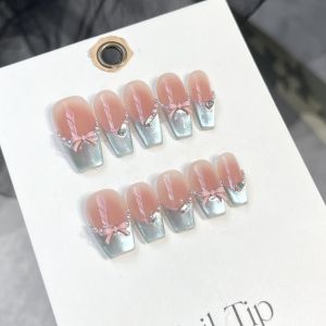 【HANDMADE+Free Glue】Press on Nails Red Blue Blush Gradient Cat Eye French Girl 3D Bow Phototherapy Fake Nail Patch Artificial Nail Reusable