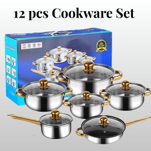 12 PCS Stainless Steel Golden Non-sticks Casserole Soup Set Kitchenware