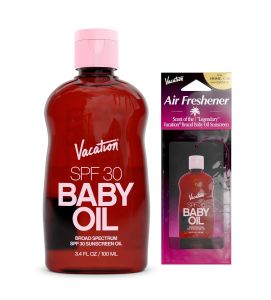 Vacation Baby Oil SPF 30 Sunscreen Oil and Air Freshener Bundle 3.4 Fluid Ounces - Hydrating Lightweight Body Sunscreen Transparent on All Skin Tones Water-Resistant Vegan