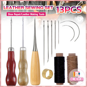 BIBLIO 13pcs DIY Leather Sewing Kit Sewing needle/Wooden Handle Awl/Wax Thread/Sewing Awl