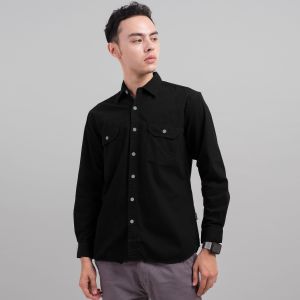 Dgm kemeja pria lengan panjang polos kemeja polos tactical kemeja baby canvas hitam double pocket 1794