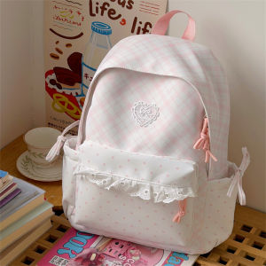 AE Sea Salt Blue and White Plaid Patchwork Lace Trim Backpack Sweet School Bag for Middle and High School Girls Womens Travel Small Backpack