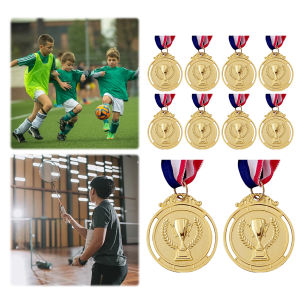 【HOSPORT】 10Pcs Gold/Silver/Bronze Medal Sports Rewards with Neck Ribbon Students Rewards 5cm Competition Prize Medals Trophy Pattern for Marathon Ball Games