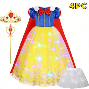 Popular Movie LED Princess Dress White Snow Dress With Cape And Headpiece For Halloween Carnival Birthday Party Cosplay