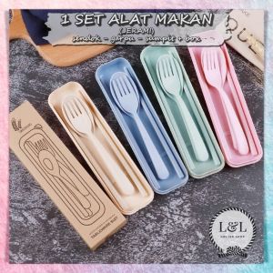 1 Set Alat Makan Sendok Garpu Sumpit + Box Plastik Jerami Wheat Straw Portable Travel Cutlery