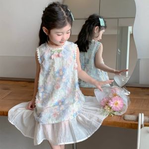 Tulip-patterned summer dress A-line princess dress fashionable sleeveless dress for baby girls.