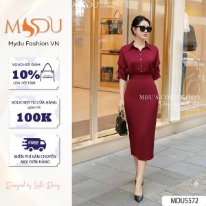 Set Áo Và Chân Váy MDU5572 Chất Lụa Ngọc Trai Cao Cấp Với Kiểu Tay Lửng Xếp Ly Duyên Dáng Từ MDU