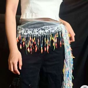 HOUCHU Y2K Jazz Dance Hip Scarf Jeans Decor Hip-hop Sequin Waistband Fashion Shirt Extender Tassels Belt Streetwear