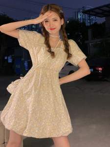 Floral Print Puff Sleeve Dress Womens Summer 2026 New French Style Initial Small Size Square Collar Waist Cinching Slimming Skirt