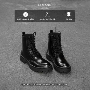 Giày Chunky Combat Boots CHK03.1 nam LEMANS màu Đen - Da bò - Đế cao su thơm 5cm Bảo hành 24 tháng