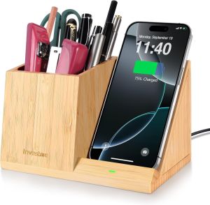 3-in-1 Bamboo Wireless Charger with Desk Organizer Bamboo Pen Holder for Desk 15W Fast Wireless Charger with Pen Holder for Home Office Supplies Compatible with iPhone and Samsung