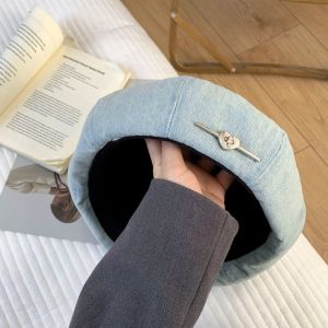 JING Adjustable Beret Hat Breathable Brimless Design Washed Denim Octagonal Hat Casual with Metal Heart Painter Hat for Women Girls