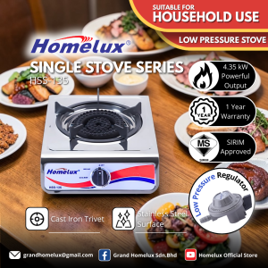[ SIRIM APPROVED ] HOMELUX HIGH QUALITY STAINLESS STEEL SINGLE BURNER GAS STOVE SERIES HSS-135 Dapur Gas Rumah Low Pressure