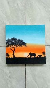 Lukisan Kanvas Canvas Hiasan Pajangan Dekorasi Dinding Pemandangan Ruang Tamu Kamar Rumah Minimalis Aesthetic Handmade Asli Hasil Tangan Motif Senja 2 Gajah Ukuran 30x30cm