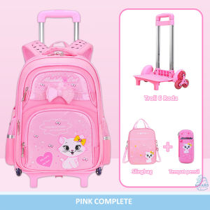 Tas Troli Roda Anak Perempuan SD Bisa Lepas Pasang Cat Black Pink Dapat Slingbag & Kotak Pensil | Kivaro 2818