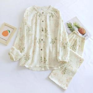 2025 New Spring and Autumn Womens Pajamas Set 100% Cotton Crepe Long Sleeves and Long Pants Two-piece Set Stand Collar Home Clothes