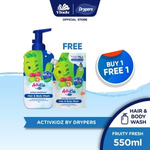 Drypers ActivKidz AntiBac MoistFoam Hair & Body Wash 550ml (1 Pack) FREE 400ml 1 Pack