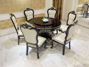 BỘ BÀN ĂN TRÒN 6 GHẾ TÂN CỔ ĐIỂN MẶT GỖ MÂM XOAY NHẬP KHẨU G952