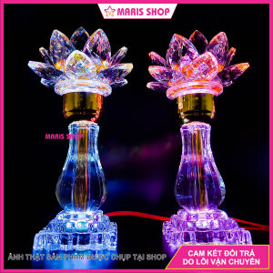 [Giá một cặp] Bộ 2 Cây Đèn Hoa Sen Pha Lê Nguyên Khối Cao 23cm Để Bàn Thờ Phật 2 Tầng LED Đổi Màu Cao Cấp [MRHT35]