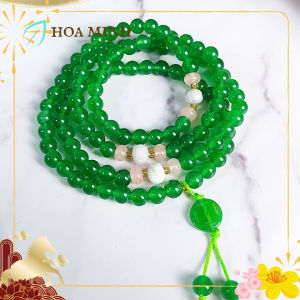 Vòng tay 108 hạt đá Mã Não màu xanh lá non size 6.5 li phối charm kim tiền xen kẽ viên bánh xe Thạch Anh Chalcedony | Hoa Minh Gem