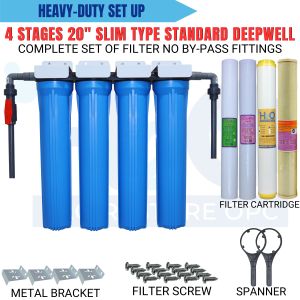 Water Filter 4 Stages 20" Slim Type Standard Deepwell Set up No Bypass Fittings Complete Set up